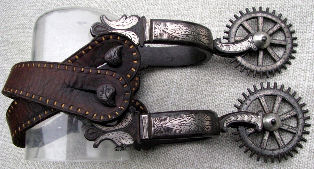 SPANISH COLONIAL TRANSITIONAL DBL MTD ENGRAVED 2 PATTERN CLOCK GEAR ROWELS c1850