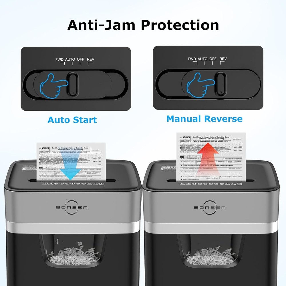 Heavy-duty cross-type shredder with a 5.3-gallon pull-out bin, quiet shredding.
