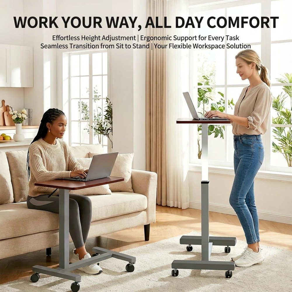 Adjustable Overbed Table W/ Wheels Pneumatic Height Lift Rolling Bedside Table