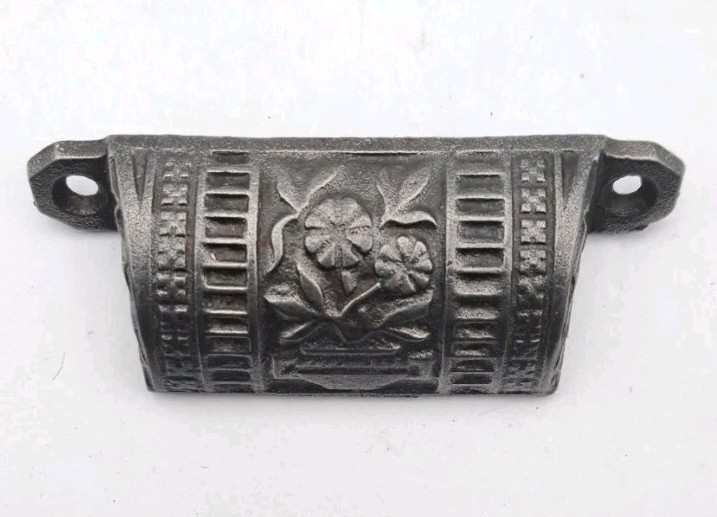 Antique Bin Pull of Flowers Drawer Pull Old Vintage Cast Iron Handle Hardware