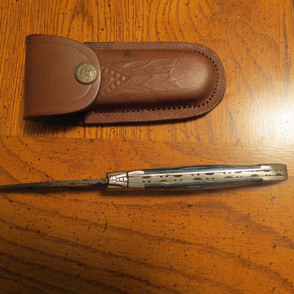 Damascus folding blade knife with blue laminate handle leather sheath hand made