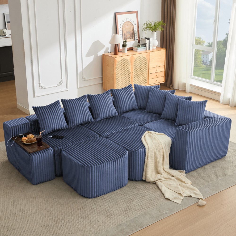 Blue Corduroy Modular Sectional Sofa with USB and Wireless Charging
