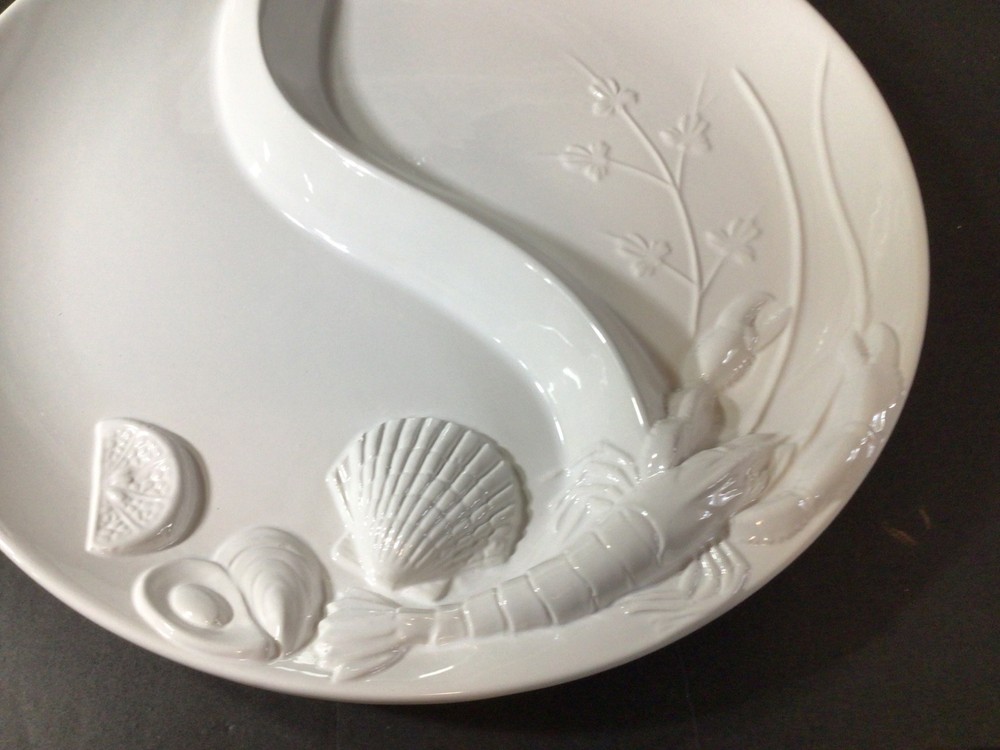 Elements White Ceramic Divided Platter with Seafood Motif