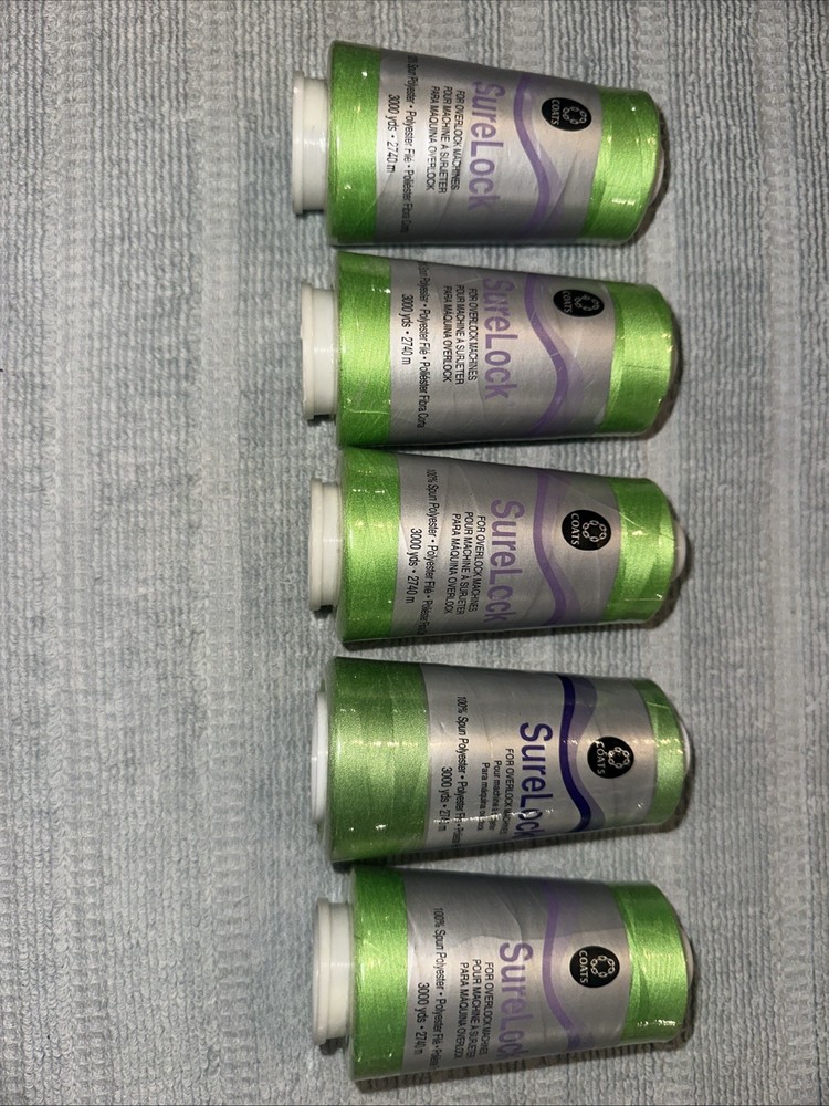 Coats Surelock 5 Spools 6840 Lime Polyester Thread, Multi-purpose, 3000 Yds