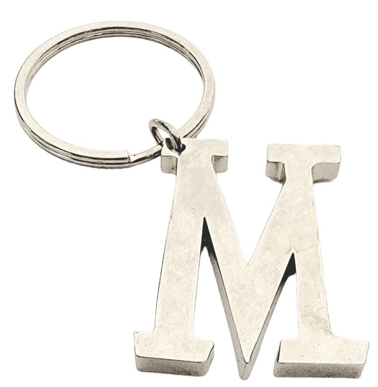 Letter M Keychain Silvertone Block Metal Script M Keyring Initial M KeyTag Ganz