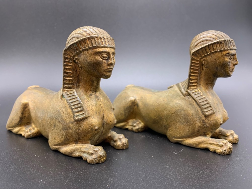 Antique Egyptian Revival Solid Brass Sphinx Pair of Figures
