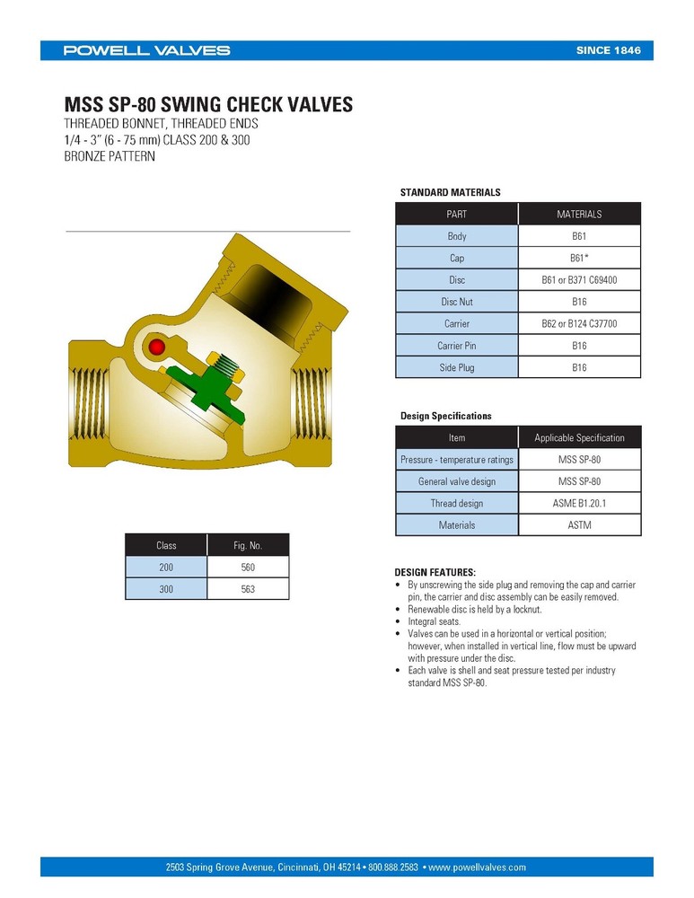 1" BRONZE 200 THREADED Y-PATTERN SWING CHECK VALVE - POWELL FIG.560