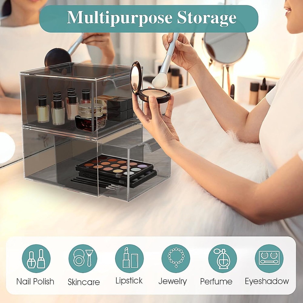 4 Pack Stackable Makeup Organizer and Storage, Acrylic 4 Pack, Black
