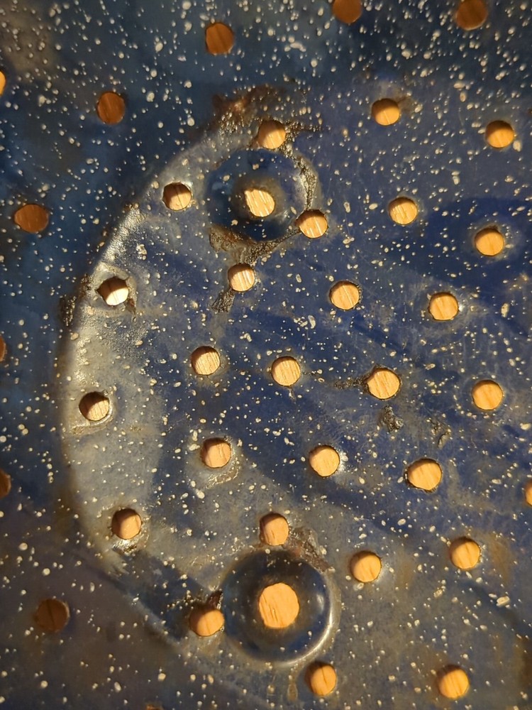 Vintage Enamelware Colander Strainer Blue Speckled 11.5" Round