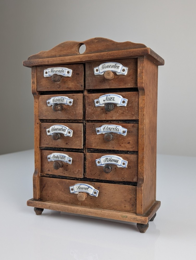 Spanish Rustic Wooden Spice Tree with Ceramic Labels, 1930s