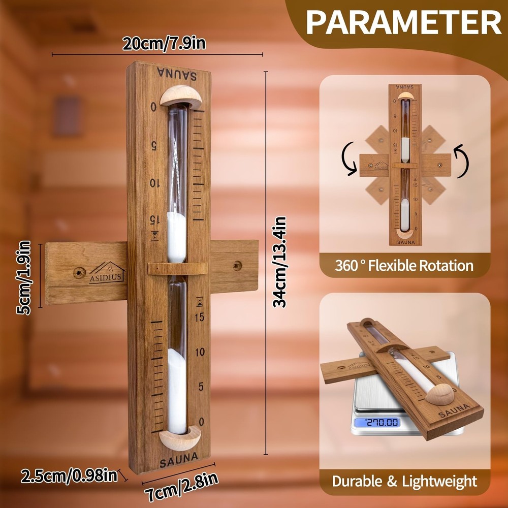 Red Cedar Sauna Timer, Wall-Mounted 360° Rotating 15 Minute Sand Timer, Sau