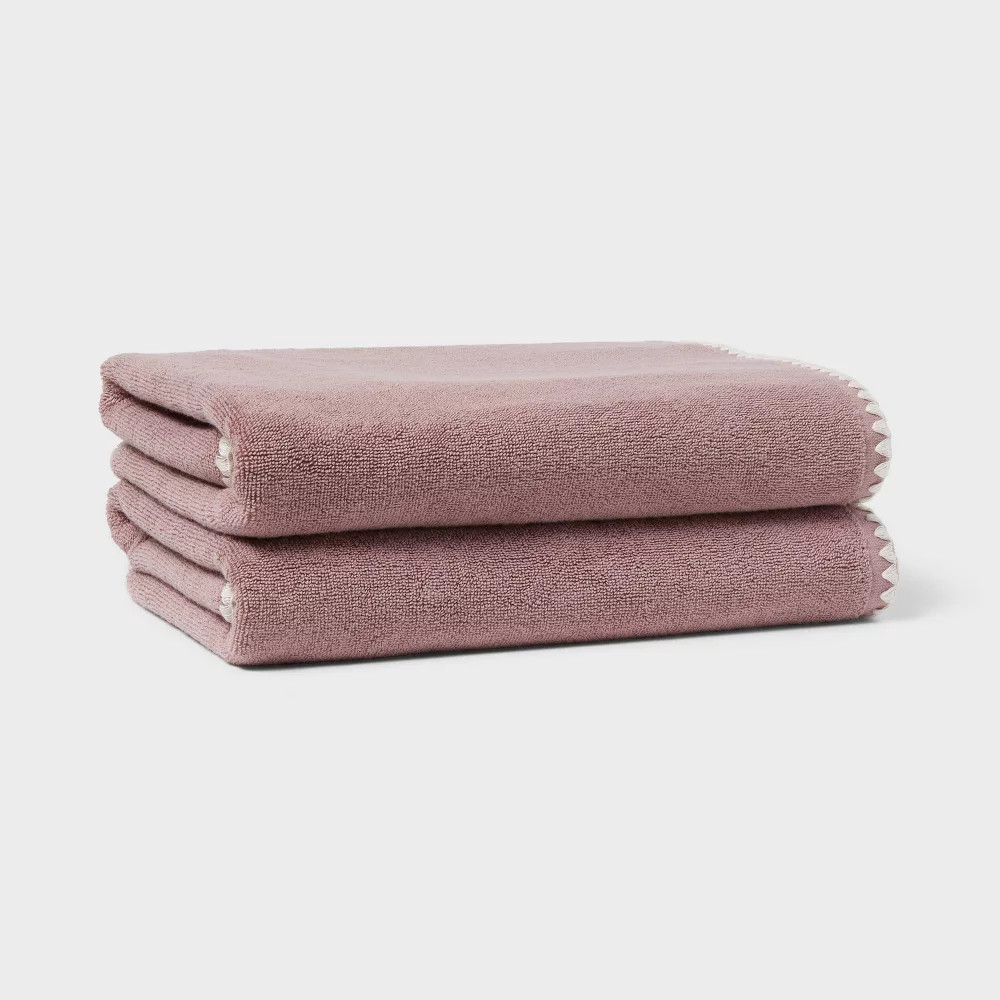 2pc Boho Border Stitch Bath Towel Mauve - Threshold