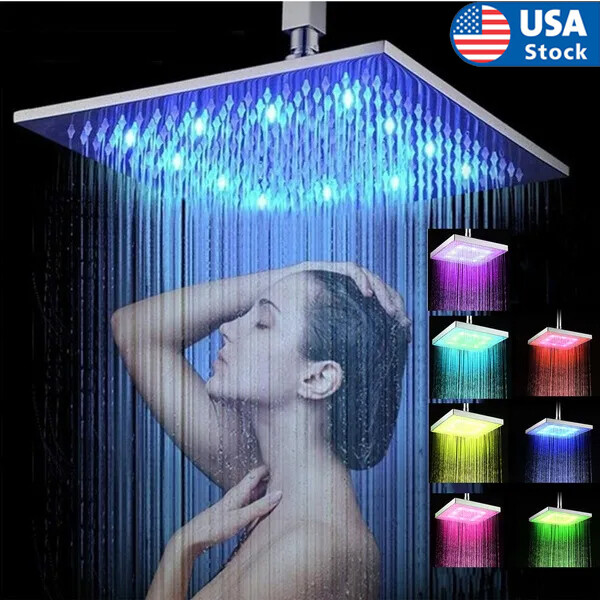 Luxury 8" Square Rain Shower Head High Flow Rainfall Showerhead 7 Color Changing