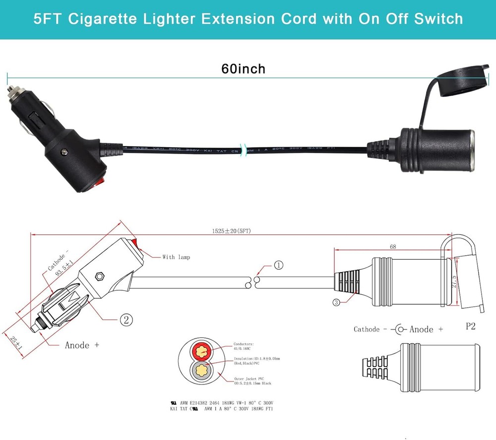 5FT Cigarette Lighter Extension Cord with on off Switch - Car Cigarette Lighter