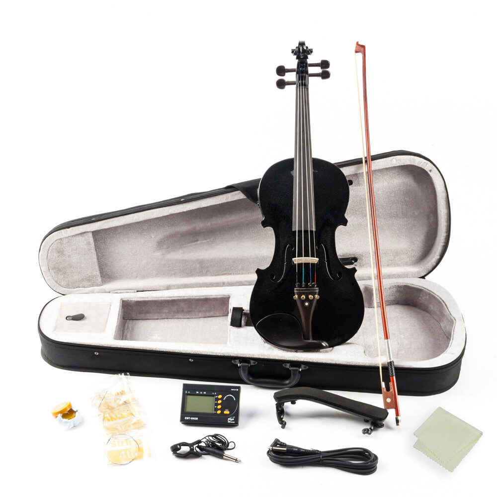 Black 4/4 Full Size Solid Wood Violin Set w/ EQ, Shoulder Rest, Electronic Tuner
