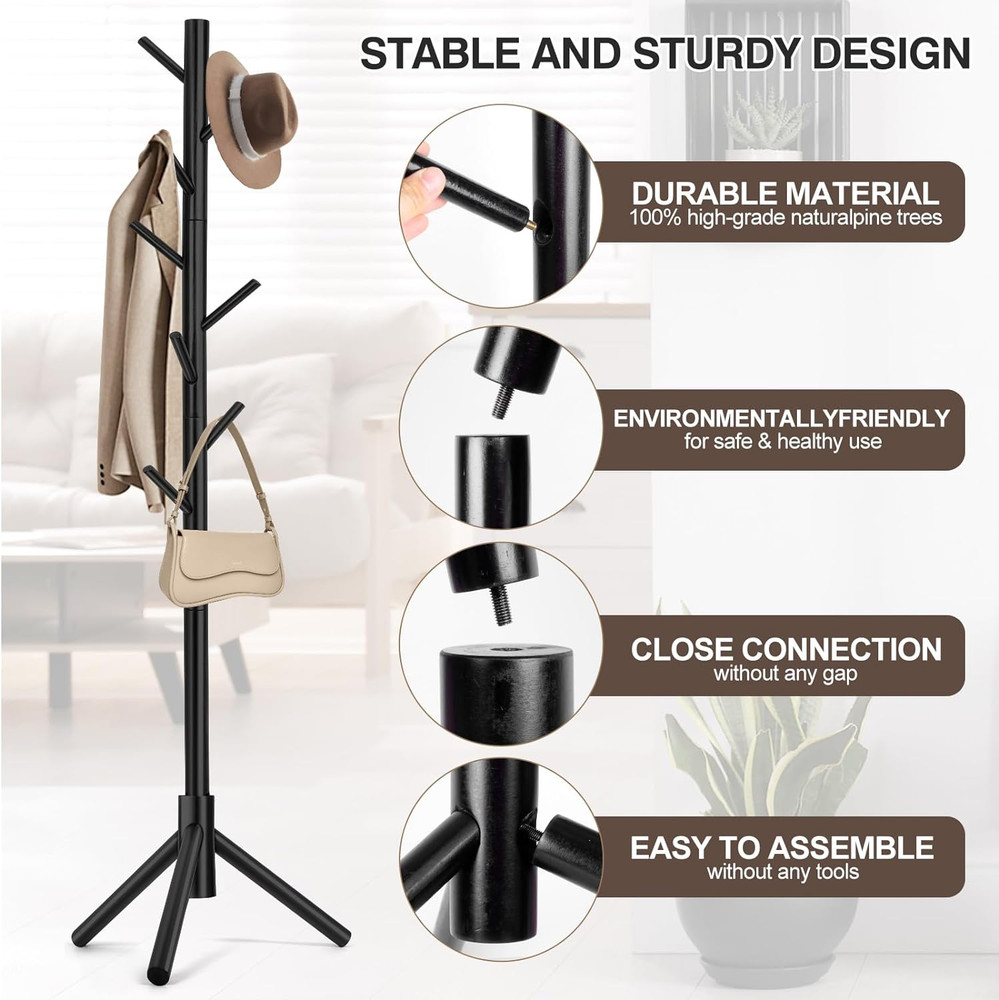 Coat Rack, Freestanding Coat Rack with 8 Hooks and 3 Adjustable Size Tree Coa...