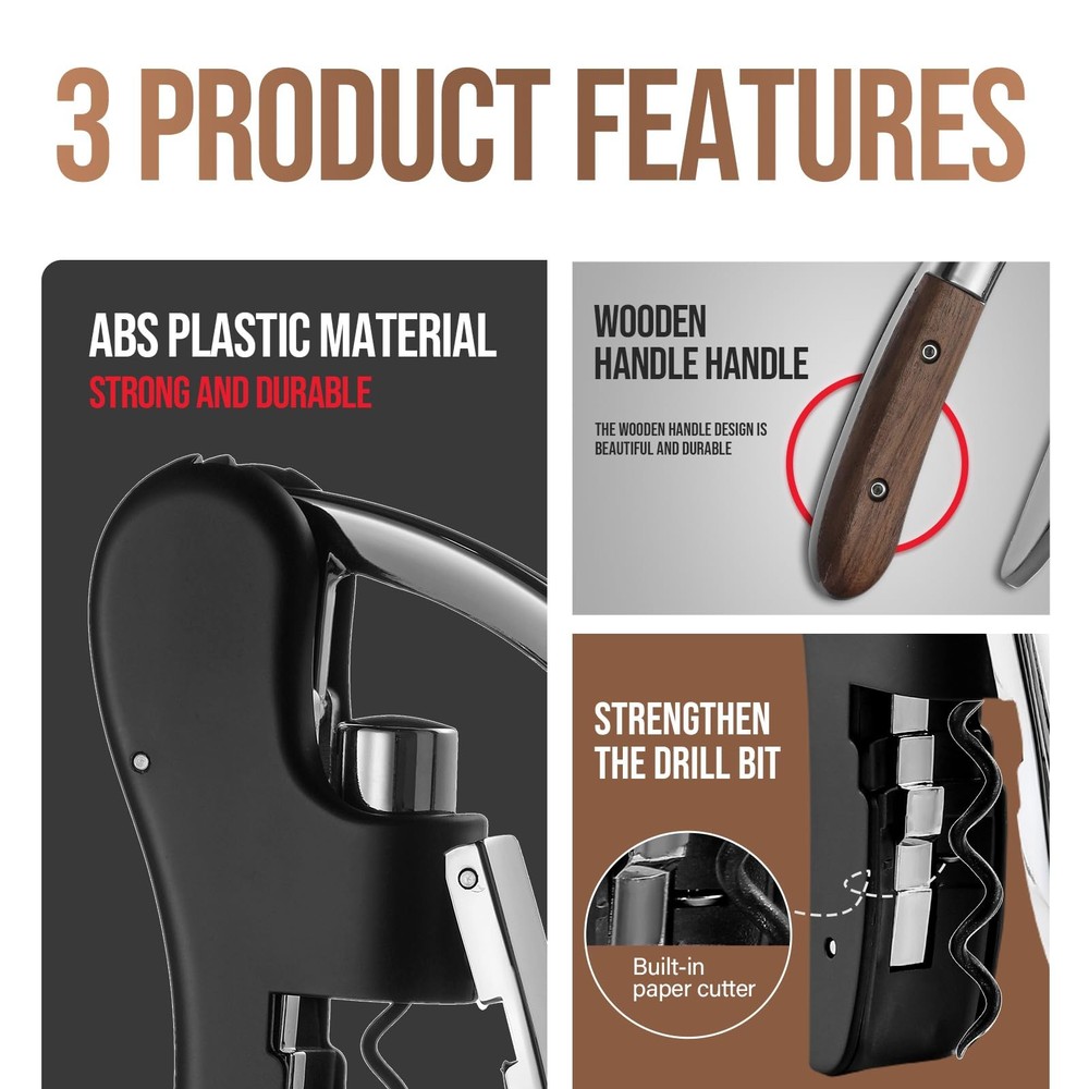 Wine Bottle Opener, Vertical Lever Corkscrew with Built M, Walnut wood handle