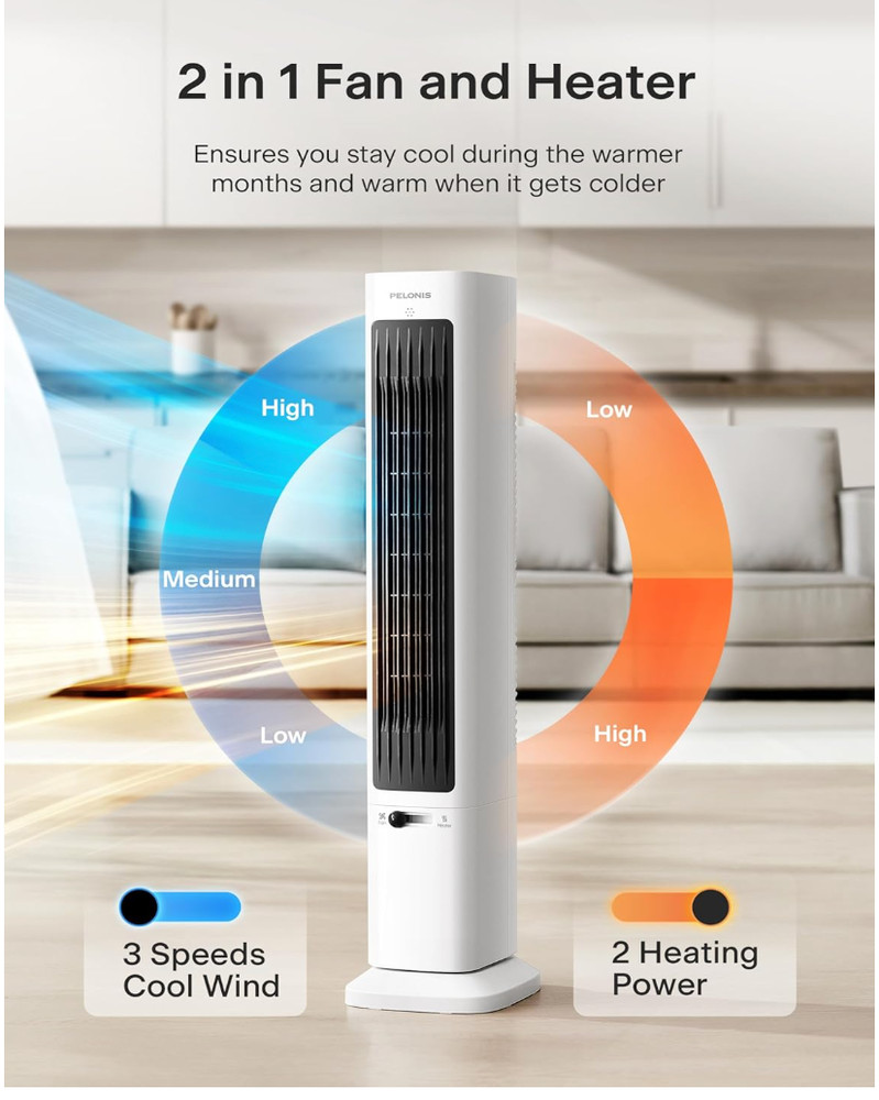 Oscillating Tower Fan and Heater Combo with Remote Control - Heater Fan, White