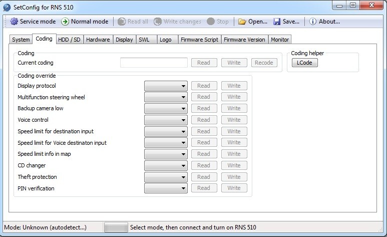 SetConfig 2.4.0 for RNS Radio Identify Supports RNS510 RNS810 RNS850 Pin code