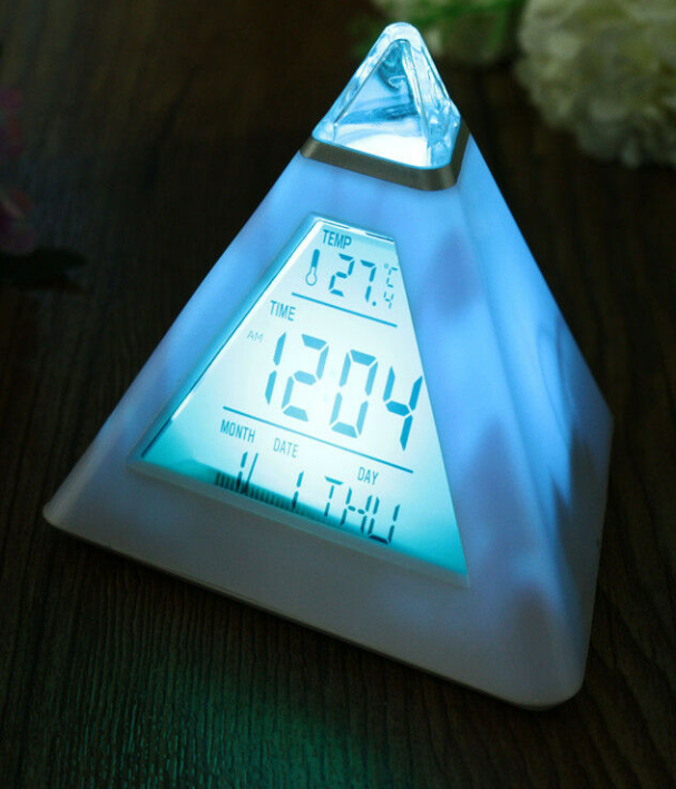 Alarm Clock Pyramid 7 LED Color Changing Timer Night Light Temperature Date