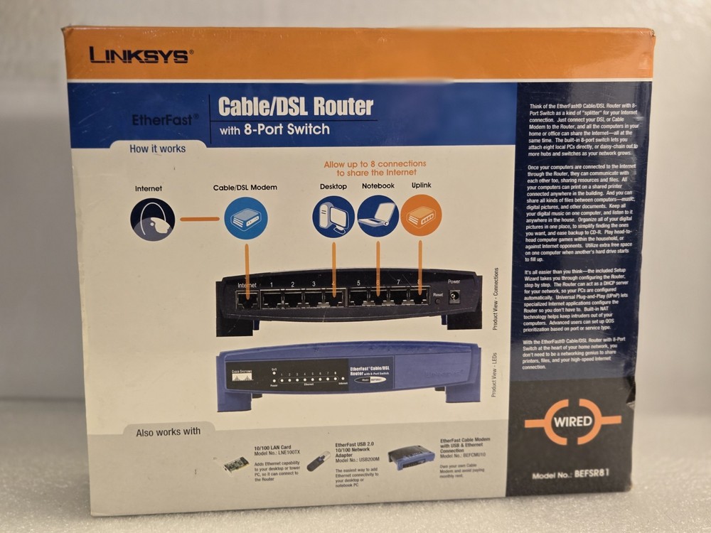 Linksys BEFSR81 Etherfast Cable / DSSL Router w/ 8 Port Switch. Sealed Box