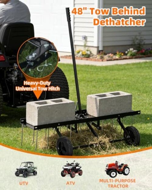 48" Tow Behind Dethatcher, Pull Behind Lawn Dethatcher with 24 Rust Black-48IN