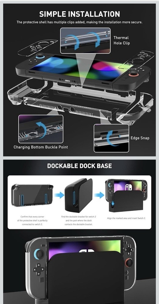 Dockable Case for Nintendo Switch 2 Clear Protective Cover Ergonomic Grip Shell