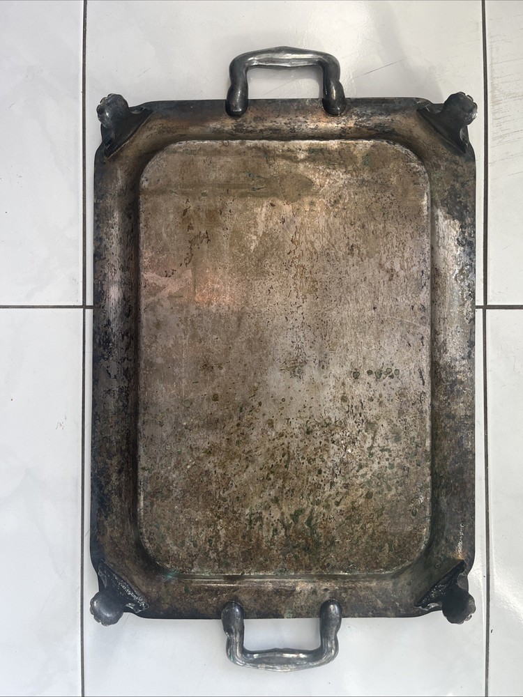 Antique Silver Plated Serving Tray 19” x 11.5” Handled Footed Scroll Work