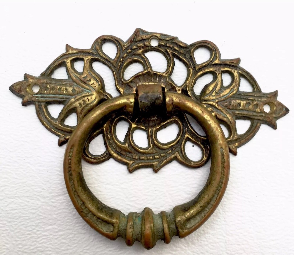 Brass French Provincial Antique Drop Ring Drawer Pull Victorian Cabinet Handle