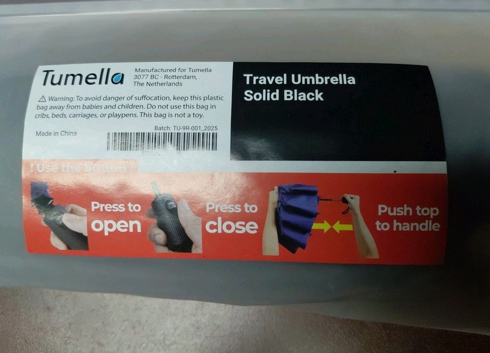 Tumella Strongest Windproof Umbrella, Solid Black, Compact Travel, Press To Open