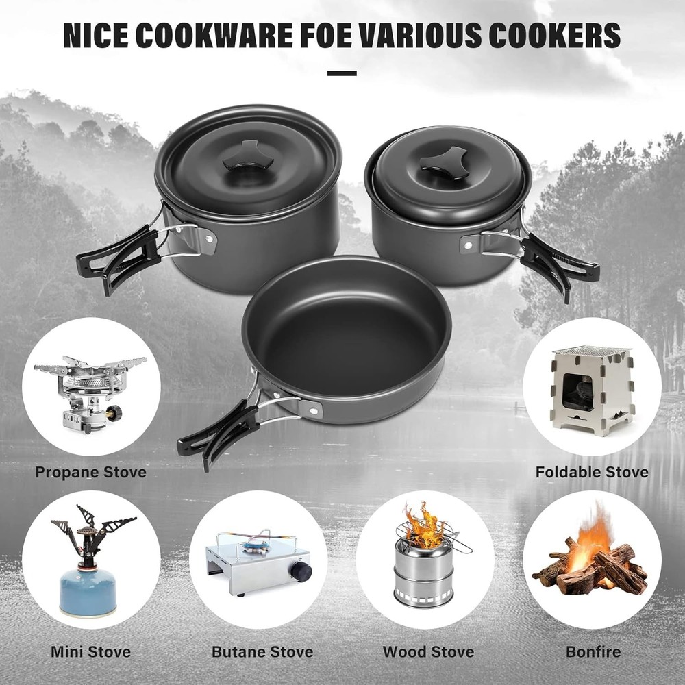 10pcs Camping Cookware Set Non-Stick Lightweight Stackable Pots Pans with Bag