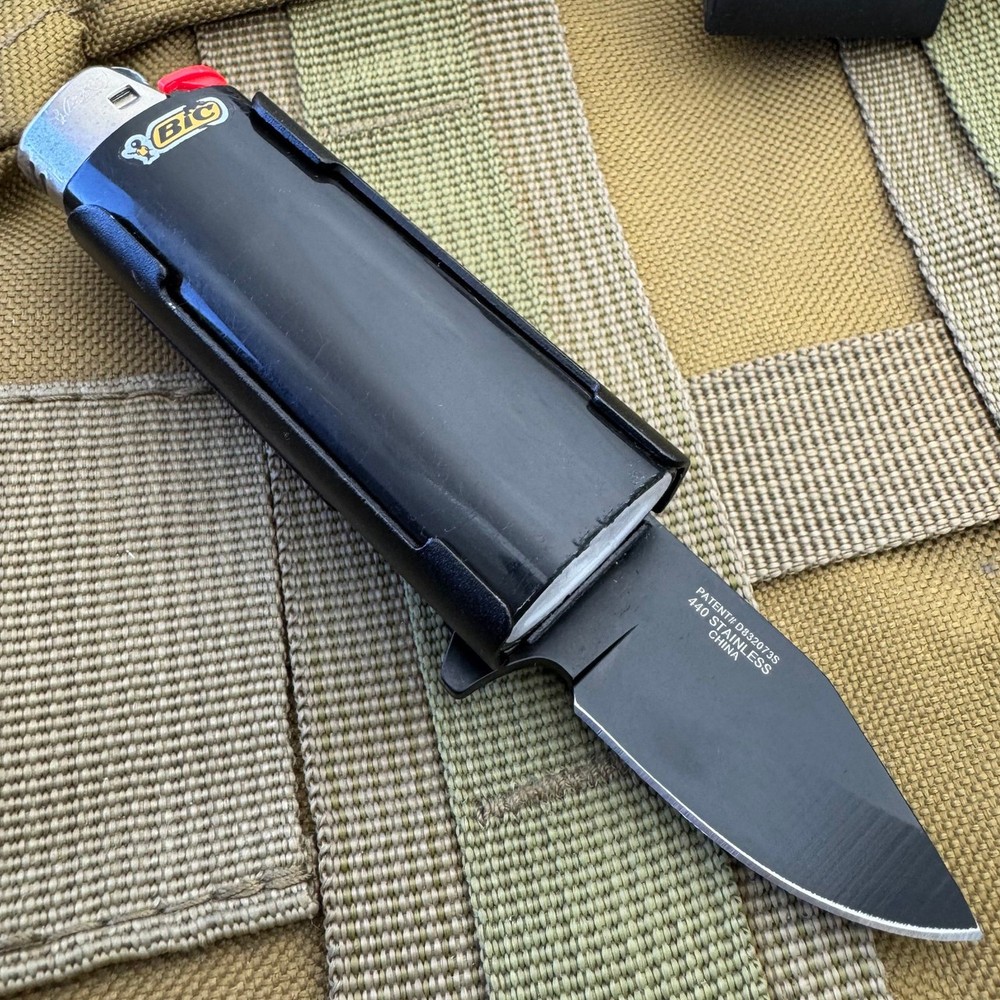 Lighter Holder Folding Pocket Knife Spring Assisted Open BIC Lighter Bald Eagle