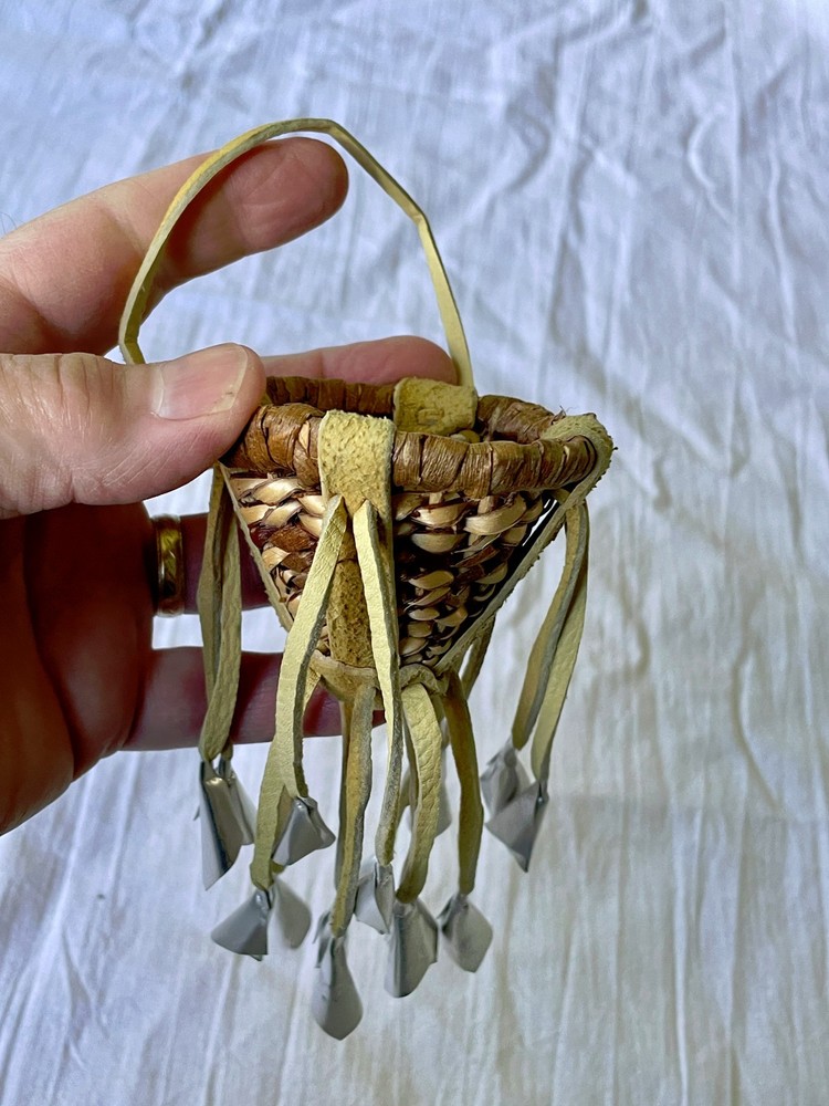 Miniature Apache Burden Basket Handwoven Leather strips tin Cones 7"