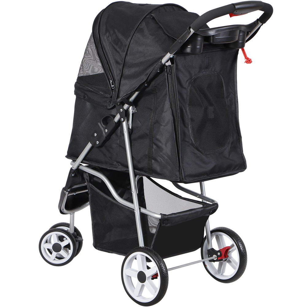 Dog Stroller 3 Wheels Foldable Pet Stroller w/Storage Basket & Cup Holder Black