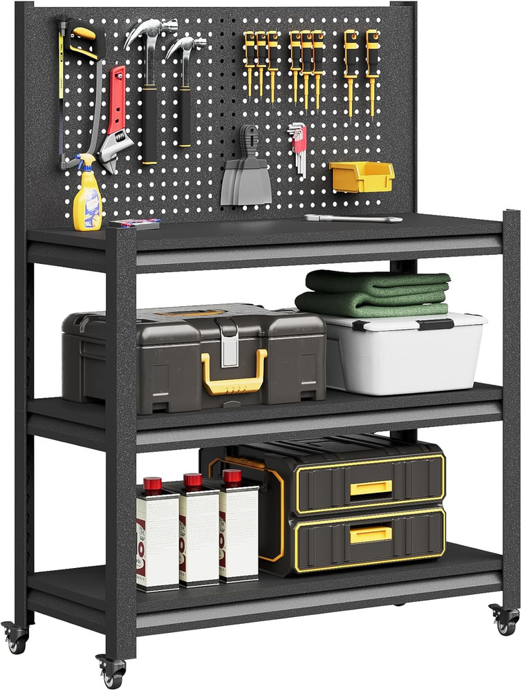 Workbench with Pegboard, Adjustable Heavy Duty Work Table with Wheels, Heavy Dut