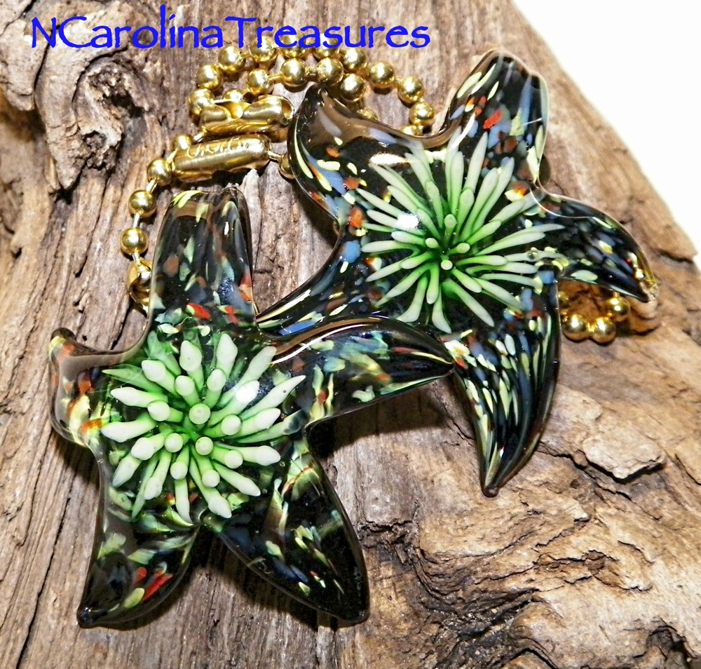 STAR STARFISH GREEN BLACK BURST GLASS CEILING FAN SWITCH PULL PULLS LARGE PAIR