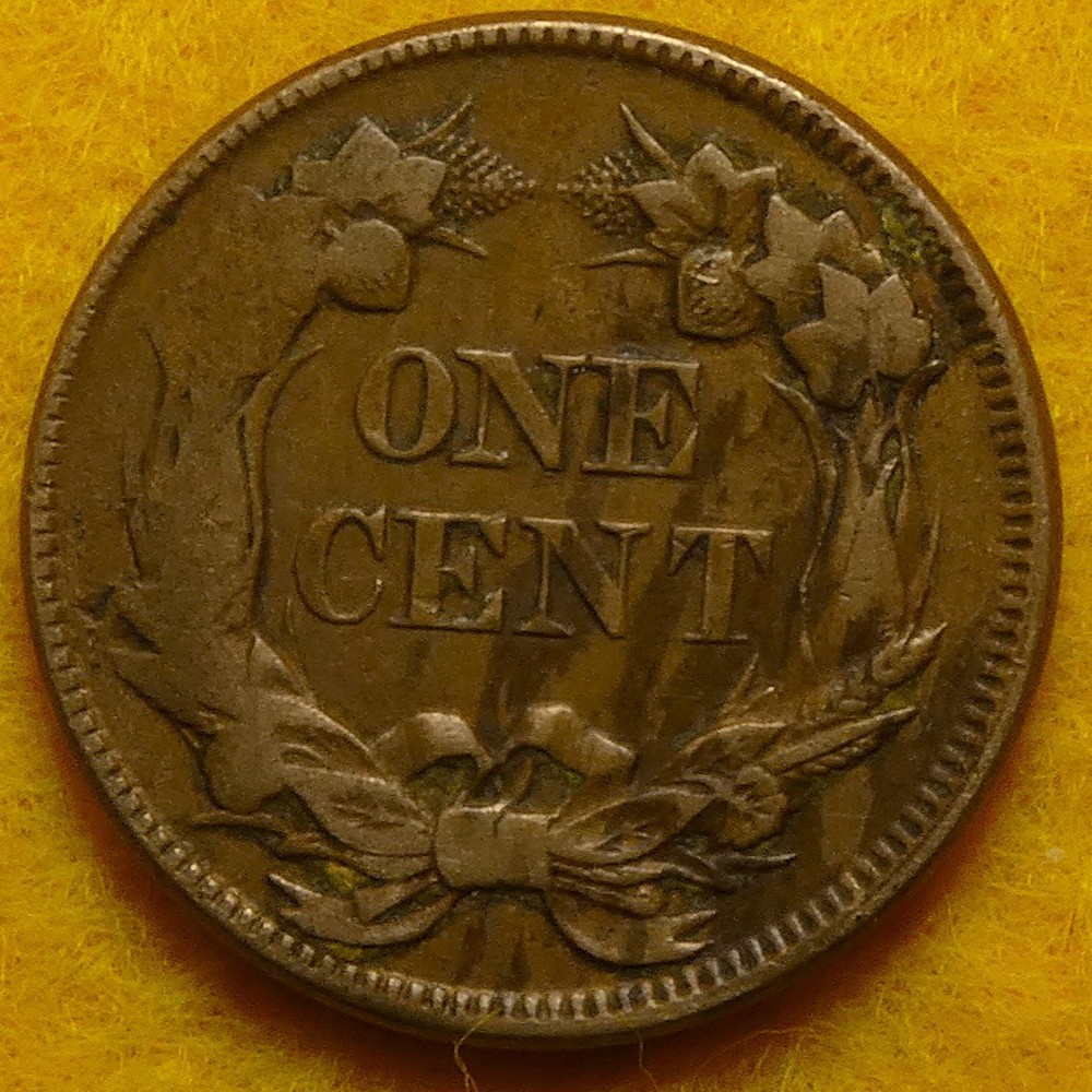Sharp 1857 Flying Eagle Cent struck through grease. Nearly headless.
