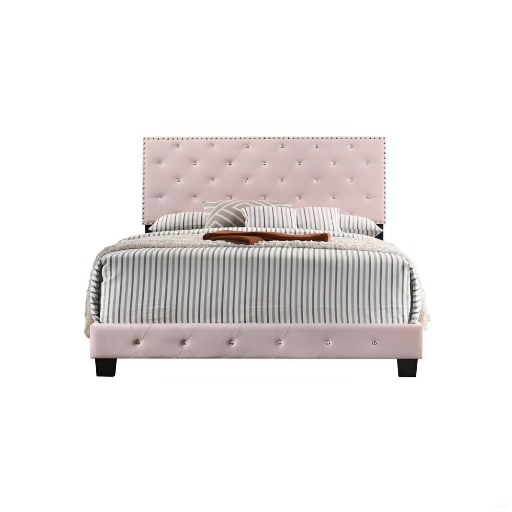 Chic Pink Transitional Full Bed, Wooden Bed Frame with Headboard