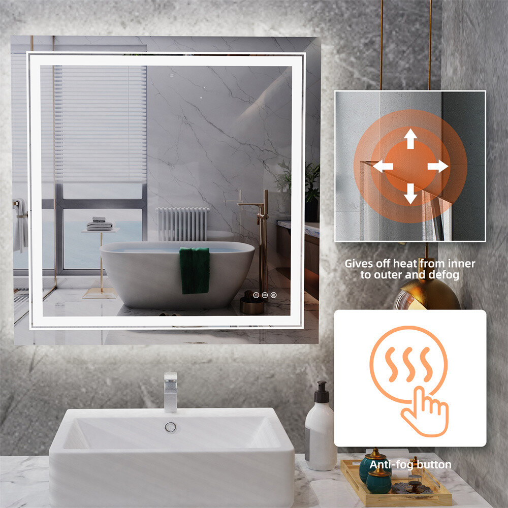 32x32" Square Led Bathroom Mirror Frameless Defogger Memory Touch Wall Mirror L