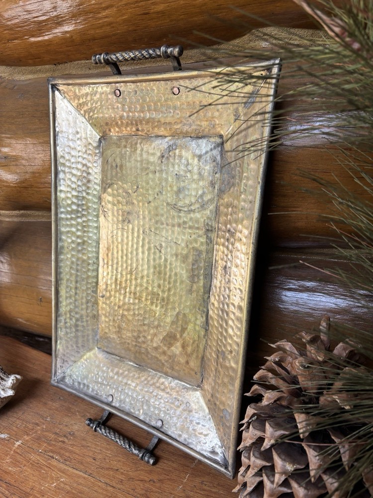 Large Vintage Rectangular Hammered BRASS Serving Tray INDIA Handles 18” X 13”
