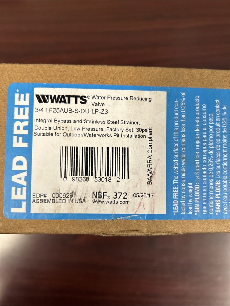 Watts Water Pressure Reducing Valve 3/4" LF25AUB-S-DU-LP-Z3