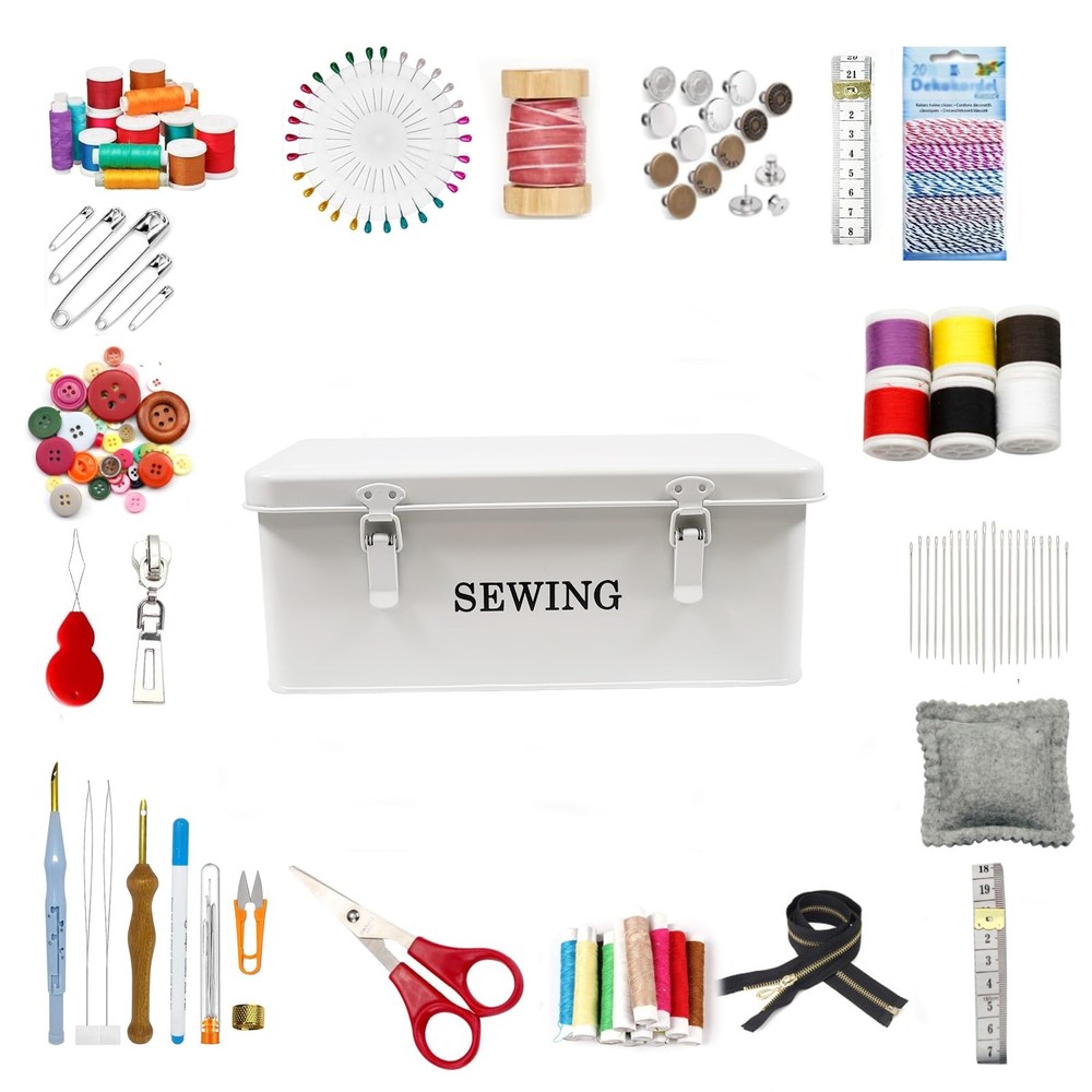 Sewing Organizer Box Metal Storage Case 4 Compartments Thread Scissors Pins
