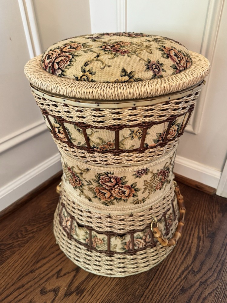 Vintage Rare Triple Stack Three Tier Wicker Sewing Basket Upholstered Ottoman