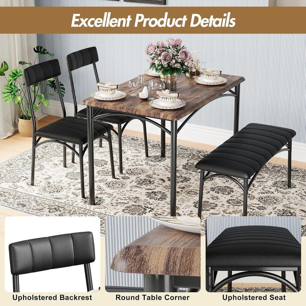 Dining Table Set 4 Space-Saving Wood Kitchen Table W/ Upholstered Bench & 2