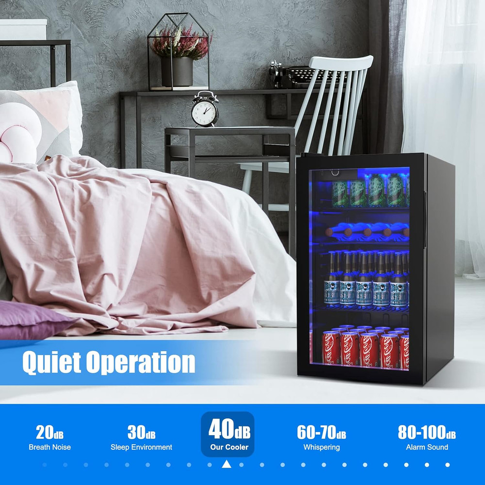 Compact 120 Can Beverage Refrigerator with LED Light and Adjustable Shelves