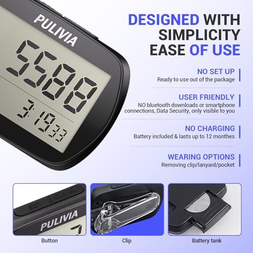 Pedometer for Walking 3D Step Counter with Clock, Accurate Steps Tracker black