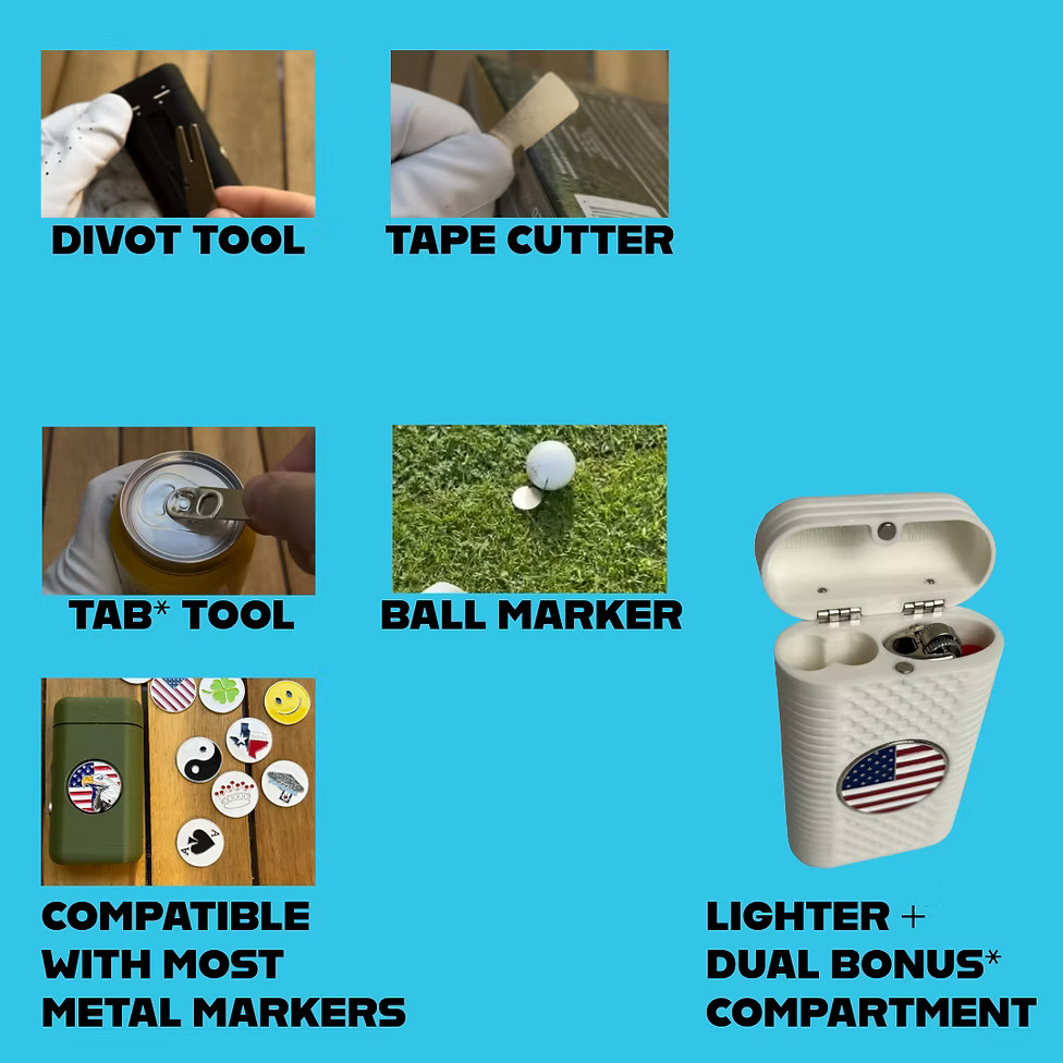 6-in-1 Golf Tool: Divot Tool, Ball Marker, 2X Cone Storage, Lighter + MORE!!