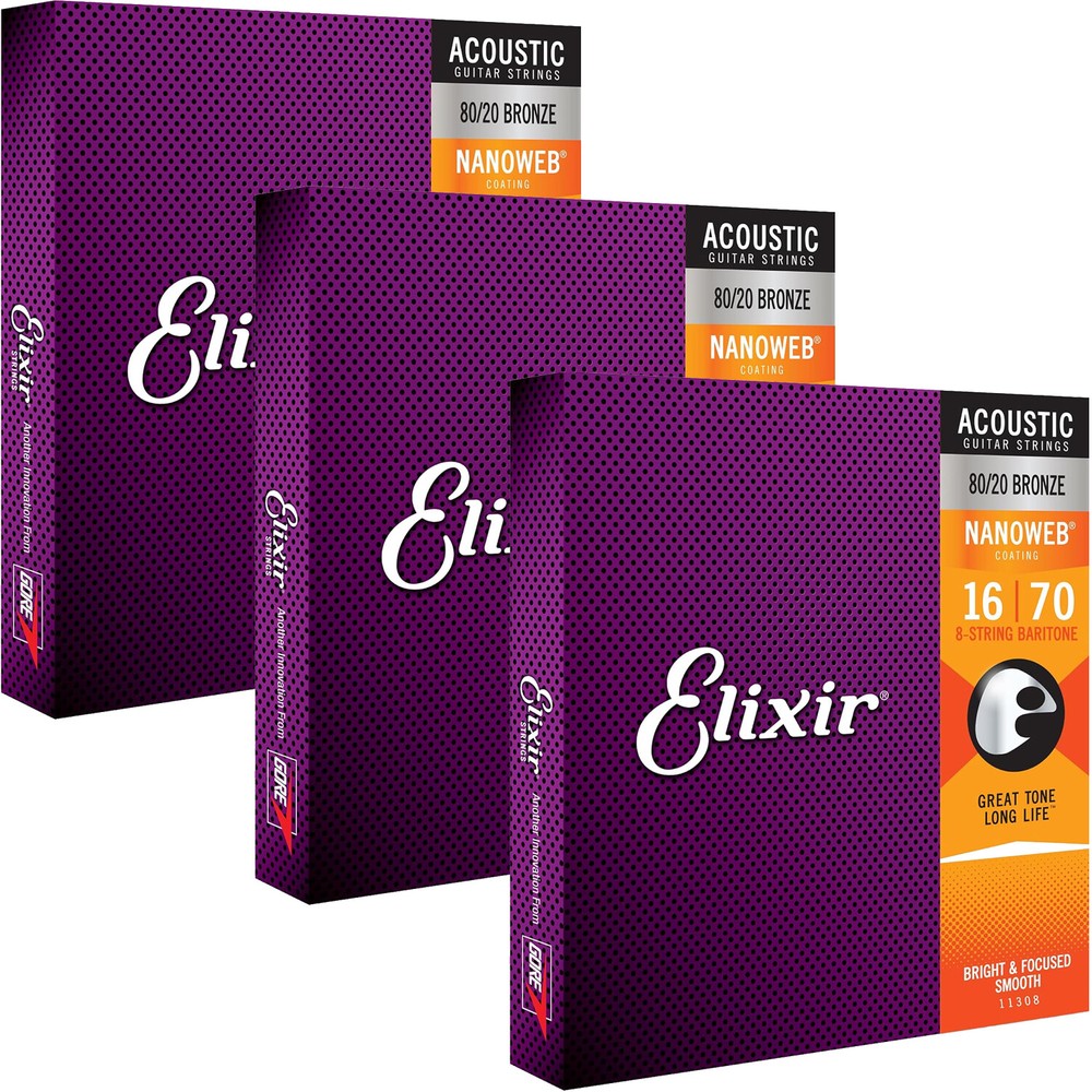 3 Sets Elixir 11308 80/20 NANOWEB Acoustic Guitar Strings, 8-String Baritone