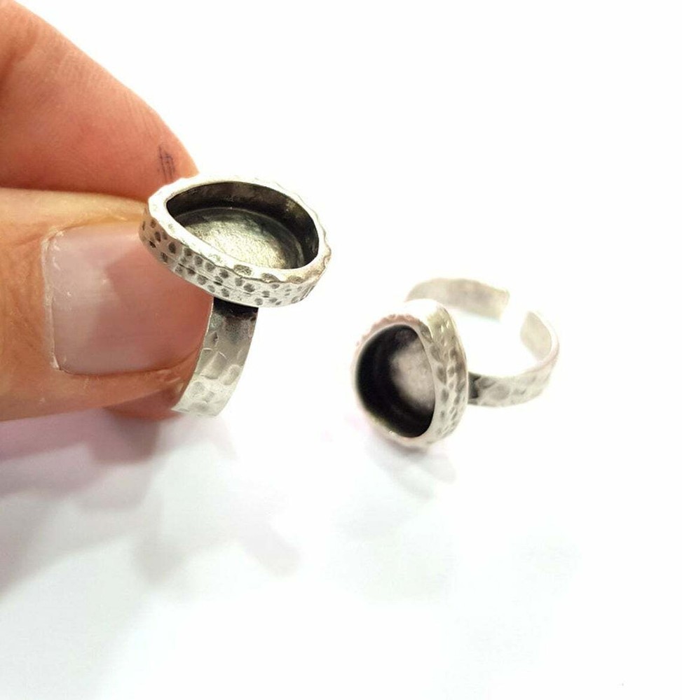 Drop Ring Hammered Blank Base Bezel Setting Antique Silver Brass Adjustable