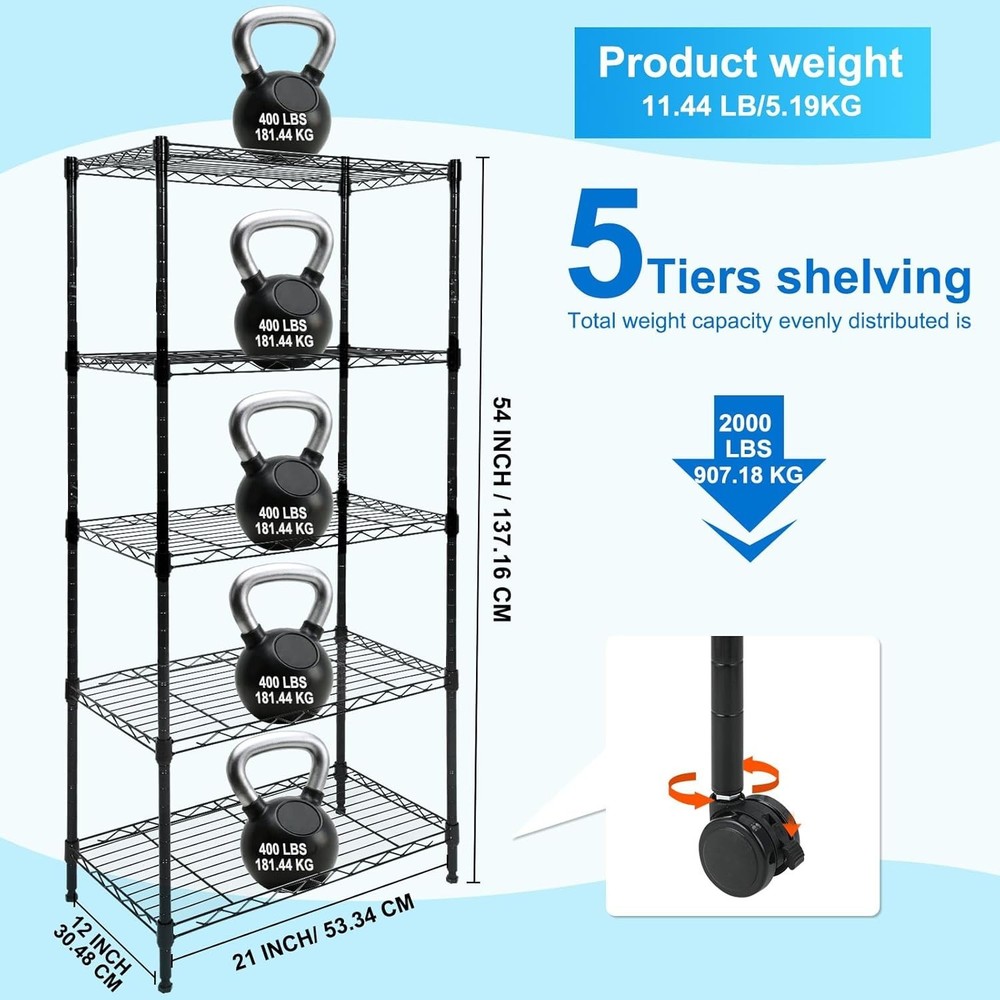 Rust Proof Wire Shelving Unit with Wheels, 5-Tier Adjustable Storage Solution